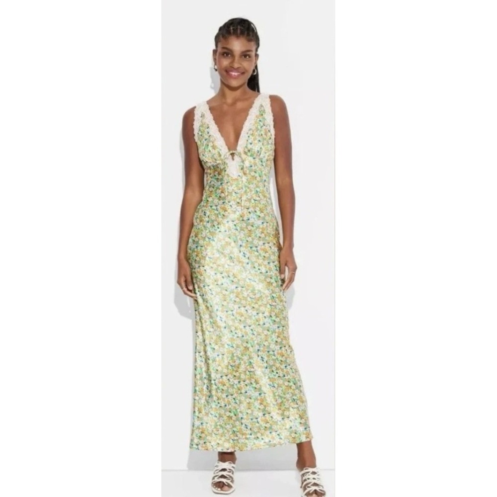 Wild Fable Women Multicolor Floral Lace Trim Satin Maxi Slip Dress M